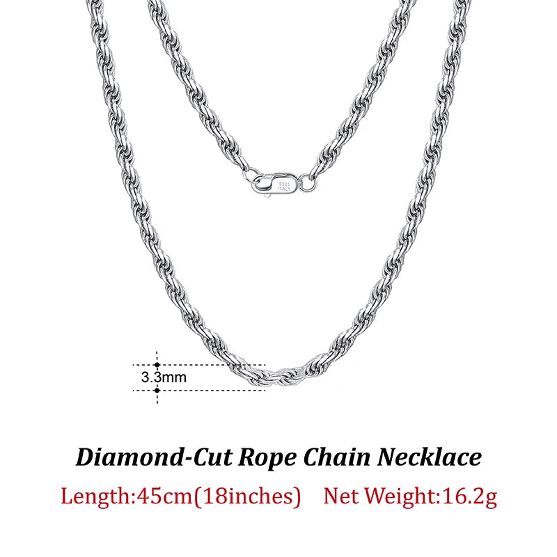 Luxury 925 Sterling Silver Diamond-Cut Rope Chain Necklace For Men Women Fashion Italian Silver Neck Chain Jewelry SC29