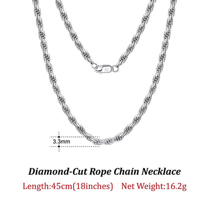 Luxury 925 Sterling Silver Diamond-Cut Rope Chain Necklace For Men Women Fashion Italian Silver Neck Chain Jewelry SC29