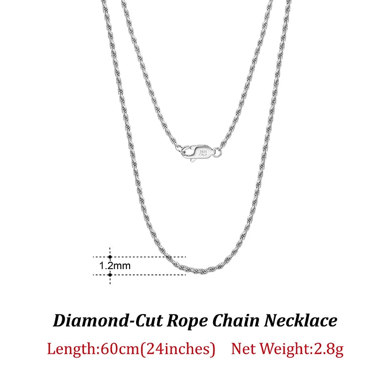Luxury 925 Sterling Silver Diamond-Cut Rope Chain Necklace For Men Women Fashion Italian Silver Neck Chain Jewelry SC29