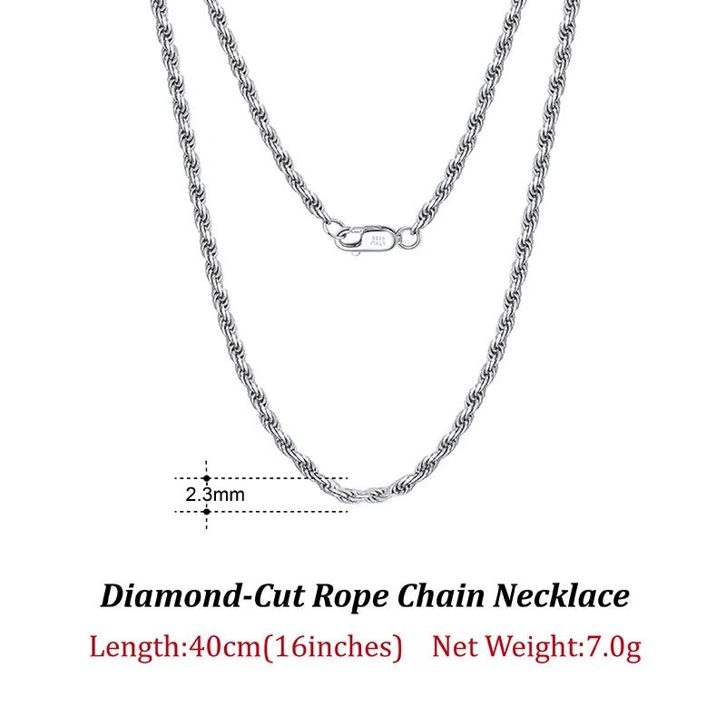 Luxury 925 Sterling Silver Diamond-Cut Rope Chain Necklace For Men Women Fashion Italian Silver Neck Chain Jewelry SC29