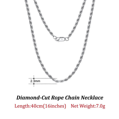 Luxury 925 Sterling Silver Diamond-Cut Rope Chain Necklace For Men Women Fashion Italian Silver Neck Chain Jewelry SC29