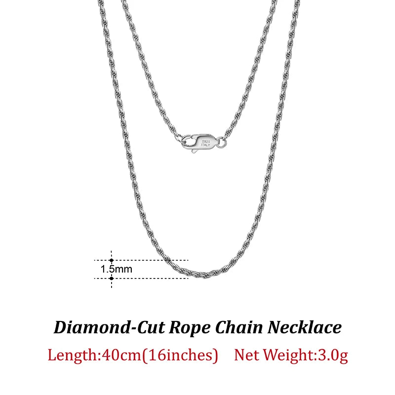 Luxury 925 Sterling Silver Diamond-Cut Rope Chain Necklace For Men Women Fashion Italian Silver Neck Chain Jewelry SC29