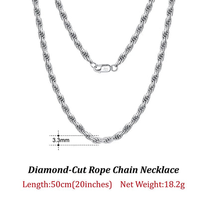 Luxury 925 Sterling Silver Diamond-Cut Rope Chain Necklace For Men Women Fashion Italian Silver Neck Chain Jewelry SC29