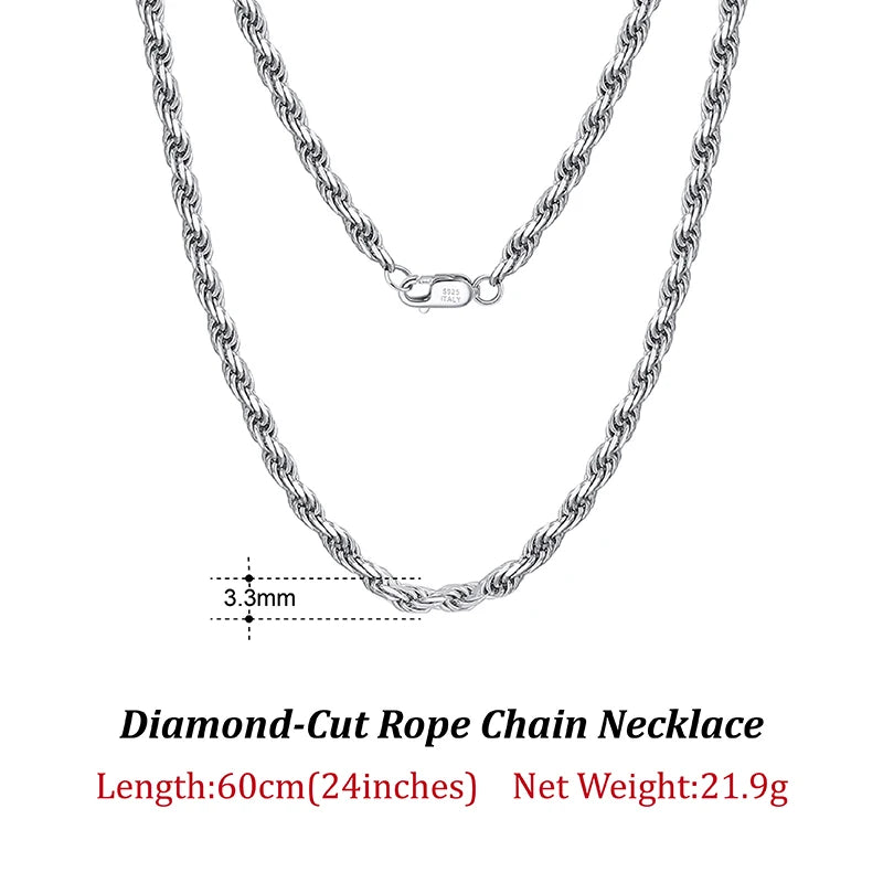 Luxury 925 Sterling Silver Diamond-Cut Rope Chain Necklace For Men Women Fashion Italian Silver Neck Chain Jewelry SC29