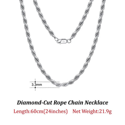 Luxury 925 Sterling Silver Diamond-Cut Rope Chain Necklace For Men Women Fashion Italian Silver Neck Chain Jewelry SC29
