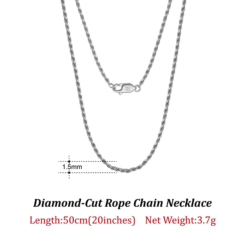 Luxury 925 Sterling Silver Diamond-Cut Rope Chain Necklace For Men Women Fashion Italian Silver Neck Chain Jewelry SC29