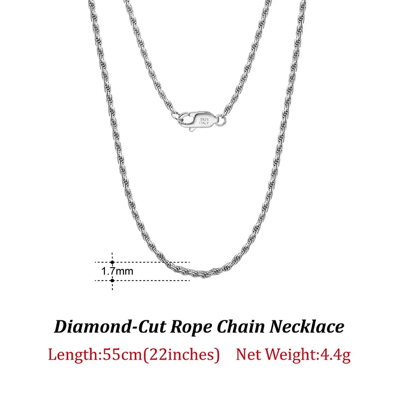 Luxury 925 Sterling Silver Diamond-Cut Rope Chain Necklace For Men Women Fashion Italian Silver Neck Chain Jewelry SC29