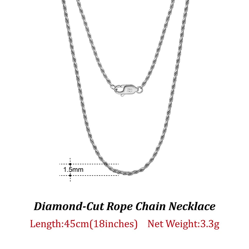 Luxury 925 Sterling Silver Diamond-Cut Rope Chain Necklace For Men Women Fashion Italian Silver Neck Chain Jewelry SC29
