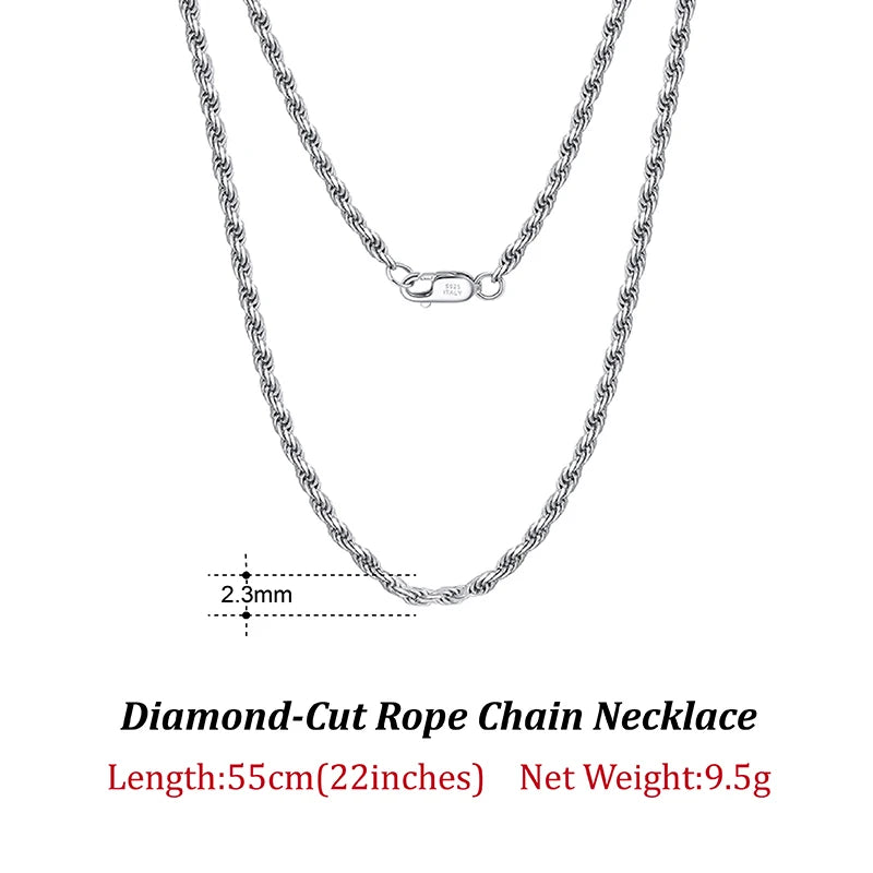 Luxury 925 Sterling Silver Diamond-Cut Rope Chain Necklace For Men Women Fashion Italian Silver Neck Chain Jewelry SC29