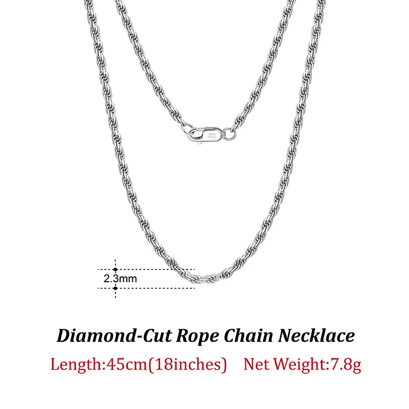 Luxury 925 Sterling Silver Diamond-Cut Rope Chain Necklace For Men Women Fashion Italian Silver Neck Chain Jewelry SC29