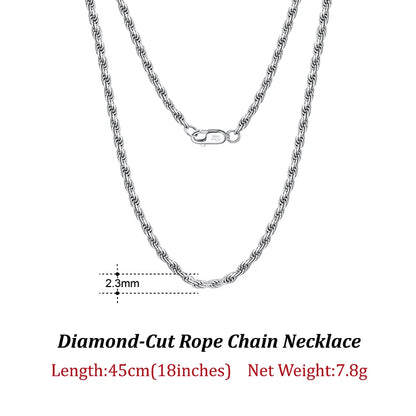 Luxury 925 Sterling Silver Diamond-Cut Rope Chain Necklace For Men Women Fashion Italian Silver Neck Chain Jewelry SC29