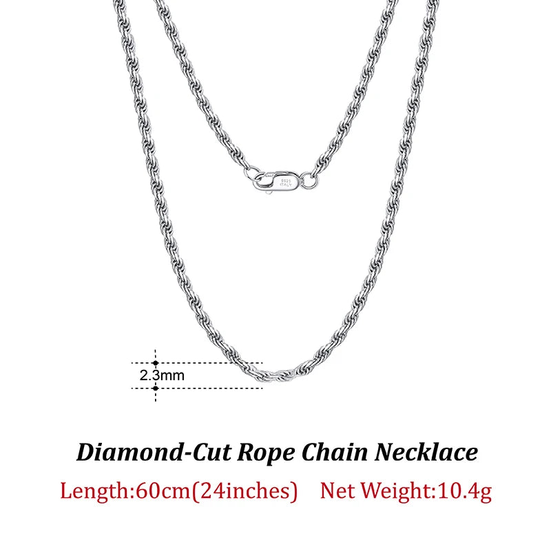 Luxury 925 Sterling Silver Diamond-Cut Rope Chain Necklace For Men Women Fashion Italian Silver Neck Chain Jewelry SC29