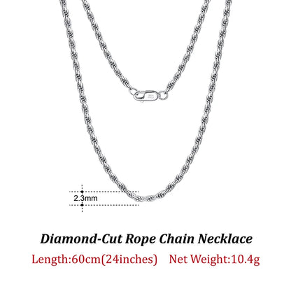 Luxury 925 Sterling Silver Diamond-Cut Rope Chain Necklace For Men Women Fashion Italian Silver Neck Chain Jewelry SC29