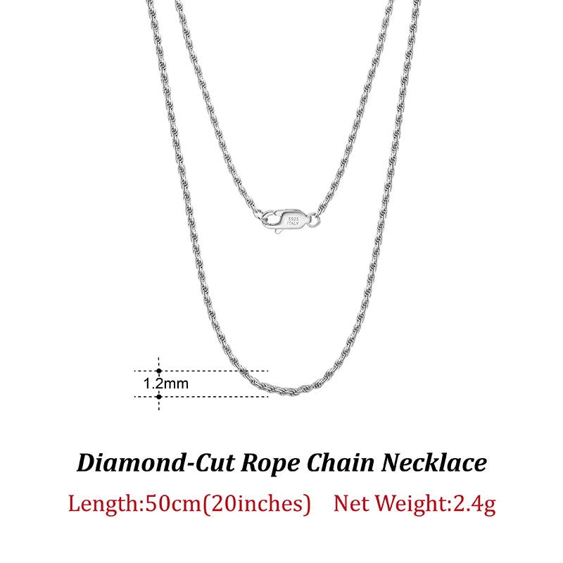 Luxury 925 Sterling Silver Diamond-Cut Rope Chain Necklace For Men Women Fashion Italian Silver Neck Chain Jewelry SC29