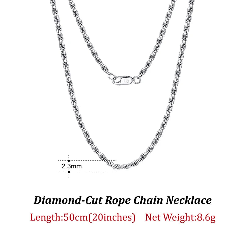 Luxury 925 Sterling Silver Diamond-Cut Rope Chain Necklace For Men Women Fashion Italian Silver Neck Chain Jewelry SC29