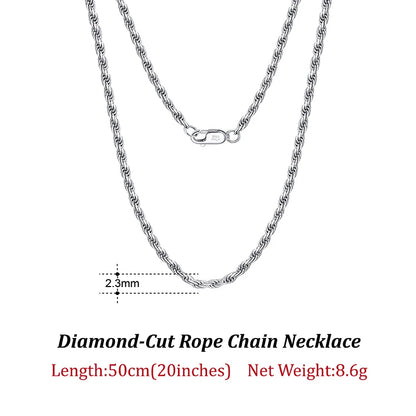 Luxury 925 Sterling Silver Diamond-Cut Rope Chain Necklace For Men Women Fashion Italian Silver Neck Chain Jewelry SC29