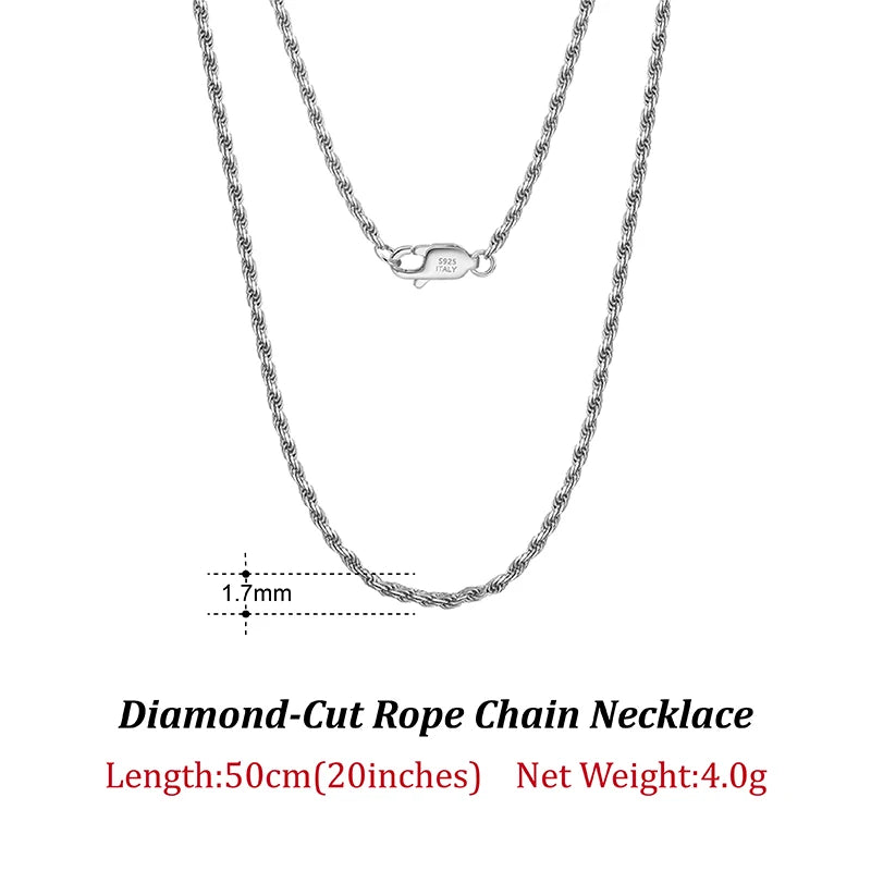 Luxury 925 Sterling Silver Diamond-Cut Rope Chain Necklace For Men Women Fashion Italian Silver Neck Chain Jewelry SC29