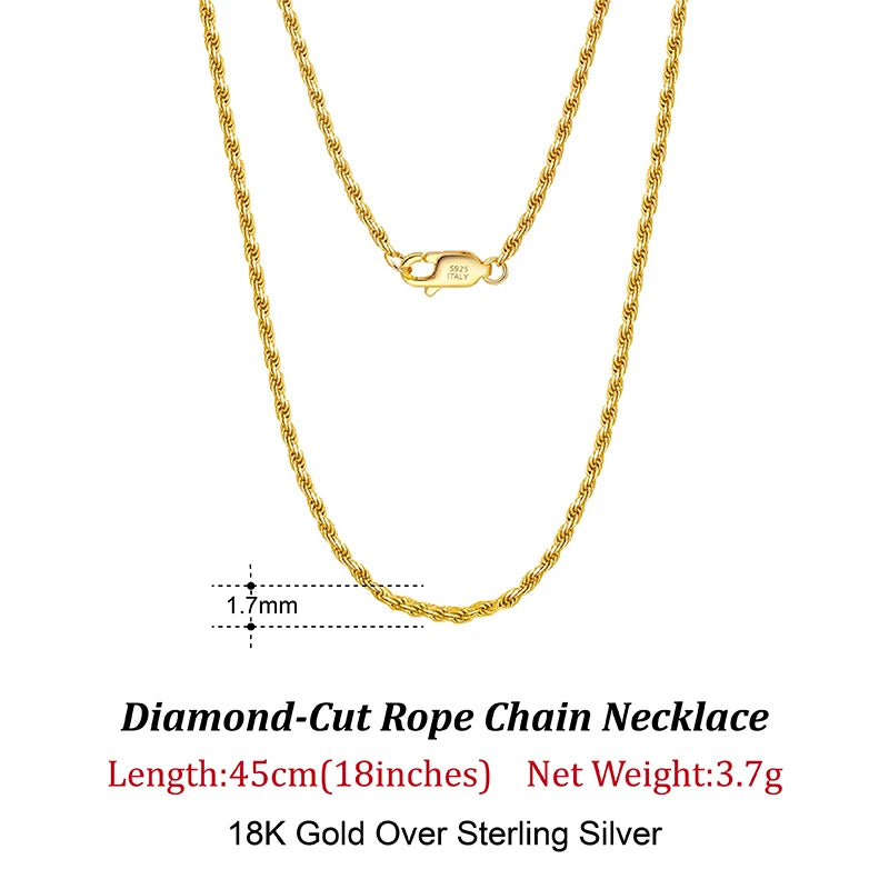 Luxury 925 Sterling Silver Diamond-Cut Rope Chain Necklace For Men Women Fashion Italian Silver Neck Chain Jewelry SC29