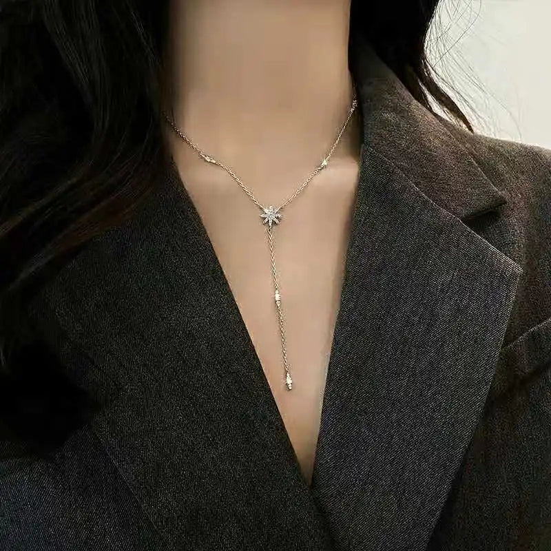 925 Sterling Silver Necklace Shiny Delicate Multiple Stars Long Pendant Clavicle Chain Birthday Party Gifts Women Fashion Jewelr