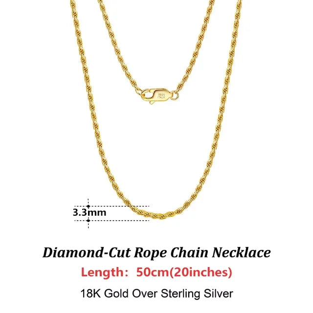 Luxury 925 Sterling Silver Diamond-Cut Rope Chain Necklace For Men Women Fashion Italian Silver Neck Chain Jewelry SC29