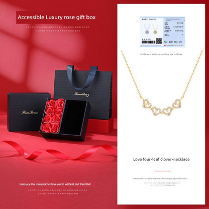 Four-Leaf Clover Foldable Sterling Silver Clavicle Chain Chinese Valentine's Day Gift