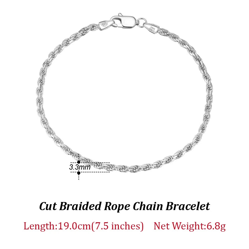 Luxury 925 Sterling Silver Diamond-Cut Rope Chain Necklace For Men Women Fashion Italian Silver Neck Chain Jewelry SC29