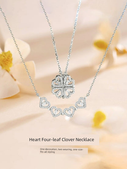 Four-Leaf Clover Foldable Sterling Silver Clavicle Chain Chinese Valentine's Day Gift