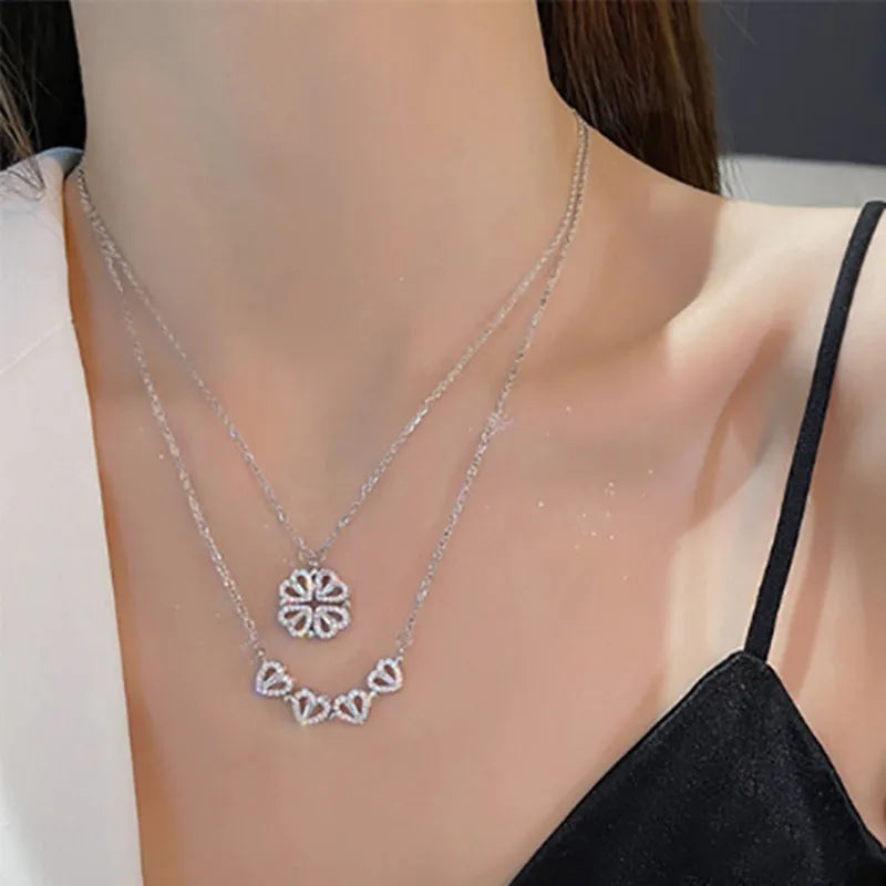 1pc Heart Shaped Four Leaf Clover Pendant Necklace Jewelry Zircon Women Love Clavicle Chain Gifts Openable ChokerJewelry