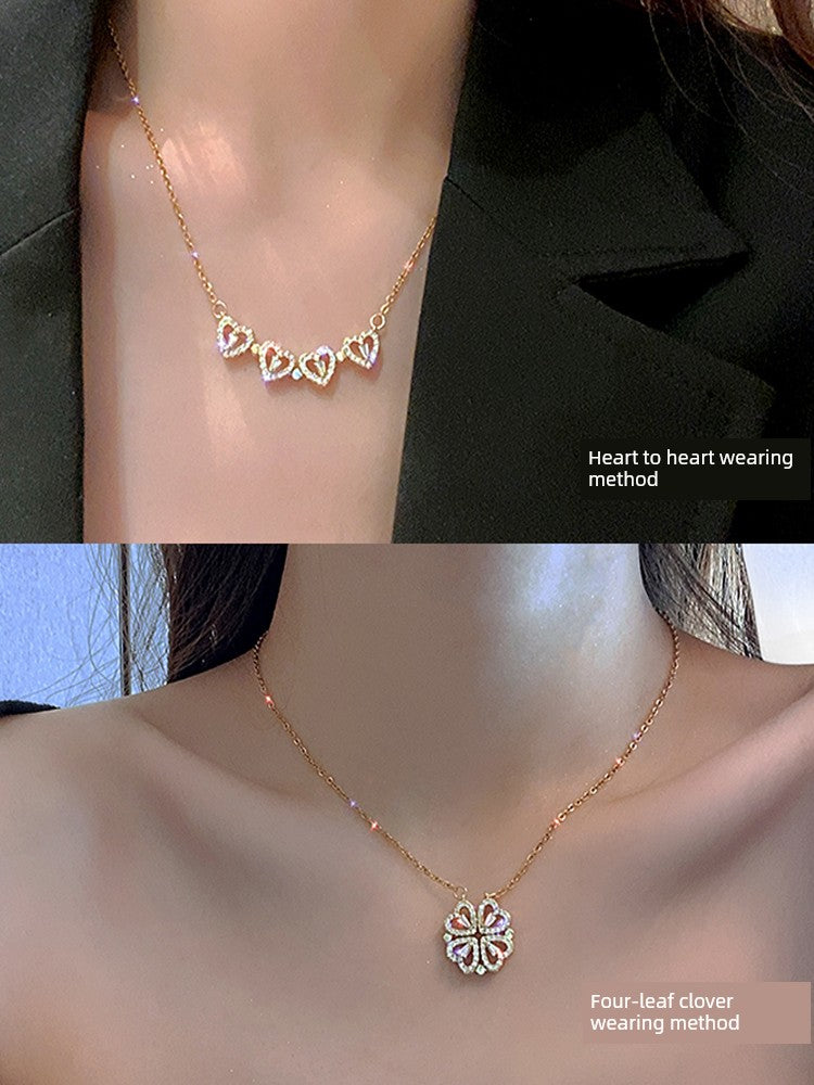 Four-Leaf Clover Foldable Sterling Silver Clavicle Chain Chinese Valentine's Day Gift