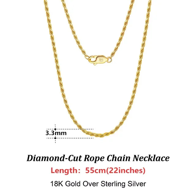 Luxury 925 Sterling Silver Diamond-Cut Rope Chain Necklace For Men Women Fashion Italian Silver Neck Chain Jewelry SC29