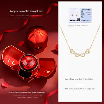 Four-Leaf Clover Foldable Sterling Silver Clavicle Chain Chinese Valentine's Day Gift