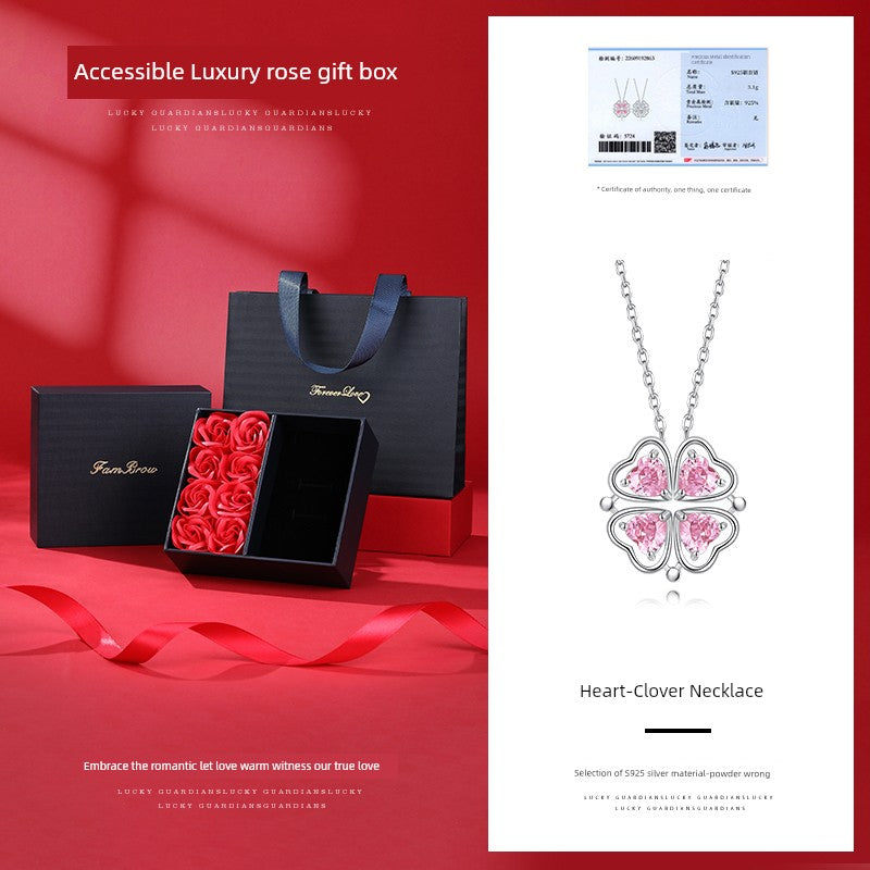 Four-Leaf Clover Foldable Sterling Silver Clavicle Chain Chinese Valentine's Day Gift